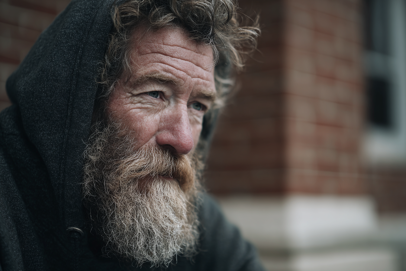 A homeless man sitting outside a building | Source: Midjourney