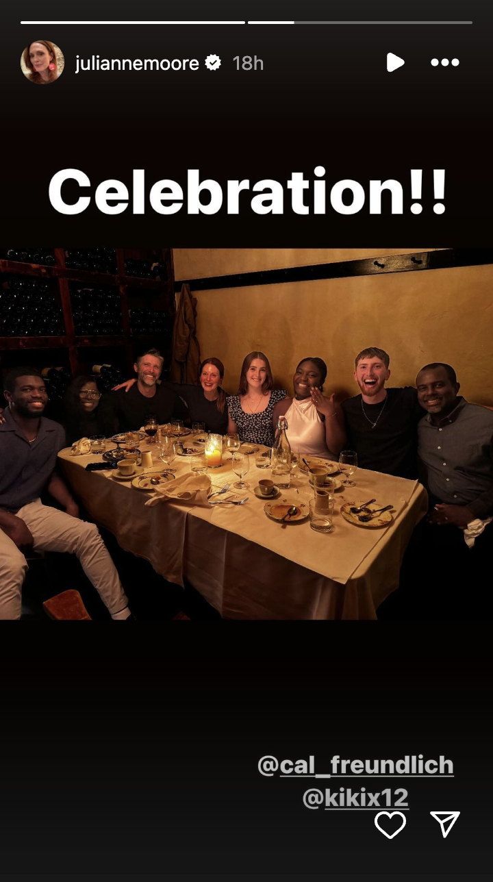 Caleb Freundlich celebrating his engagement to Kibriyaá Morgan with family, as seen in Julianne Moore's Instagram story | Source: Instagram/juliannemoore