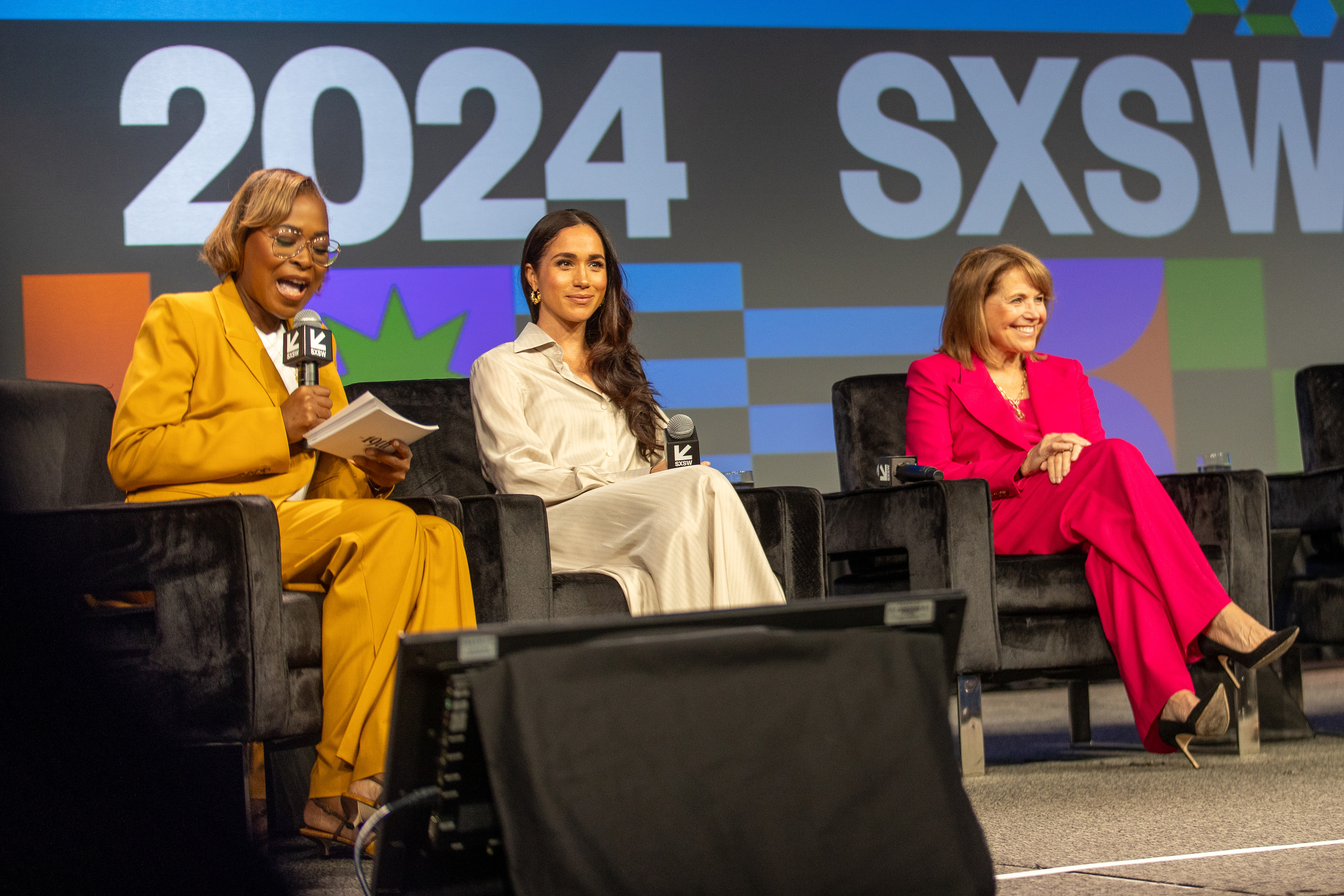 Errin Haine, Meghan Markle, and Katie Couric at the "Breaking Barriers, Shaping Narratives: How Women Lead On and Off the Screen" panel during the 2024 SXSW Conference and Festival at Austin Convention Center on March 8, 2024 in Austin, Texas. | Source: Getty Images