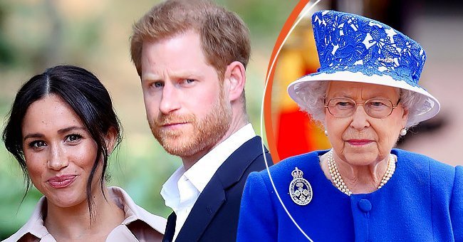 Prince Harry and his wife, Meghan Markle [left] Picture of Queen Elizabeth [right] | Photo: Getty Images