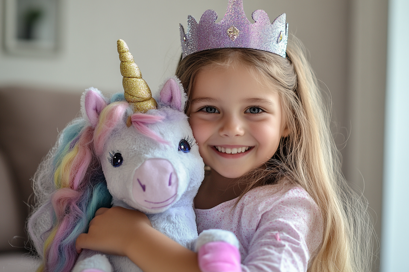 A girl clutching a stuffed unicorn toy | Source: Midjourney