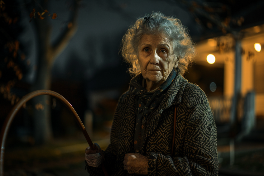 A woman holding a hose in a garden at night | Source: Midjourney