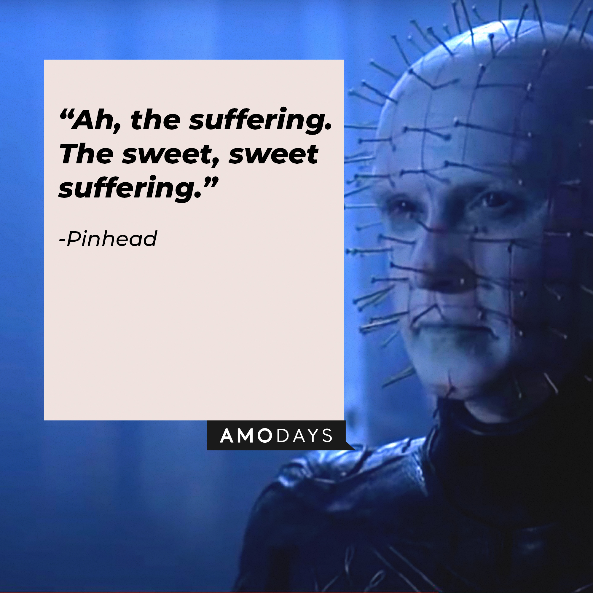A picture of Pinhead from “Hellraiser” with a quote by him that reads, “Ah, the suffering. The sweet, sweet suffering.” | Image: facebook.com/HellraiserMovies