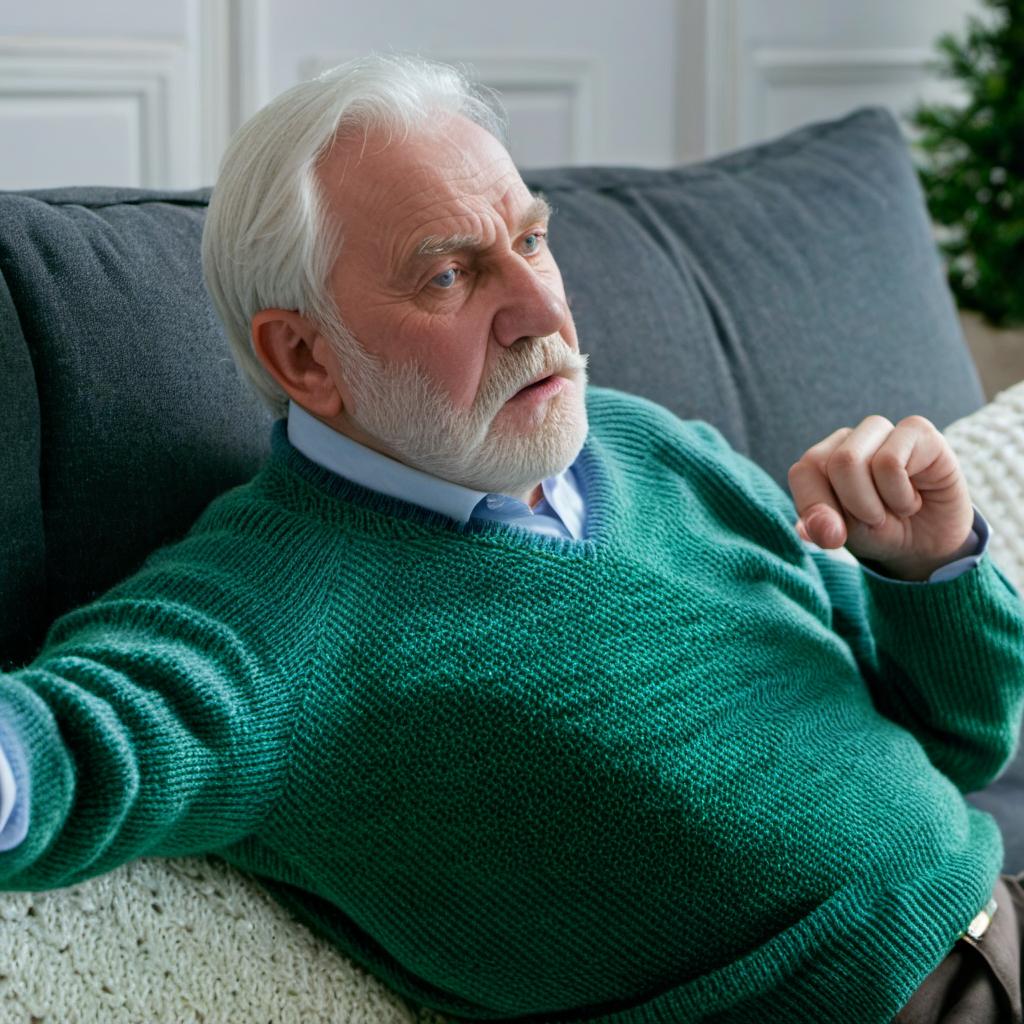 Michael sitting on the couch, coughing as his health falters | Source: Midjourney