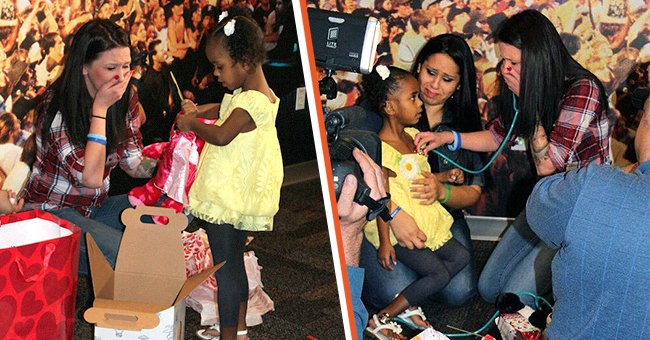 Mother Heather Clark crying while Jordan Drake holds a Build-A-Bear with Heather’s late son Lukas Clark’s recorded heartbeat. [left]; Mother Heather Clark crying as she listens to her late son Lukas Clark’s heartbeat in Jordan Drake’s chest, whose mother Esther Gonzalez is crying as well [right].│Source: twitter.com/PIX11News facebook.com/donatelifeaz