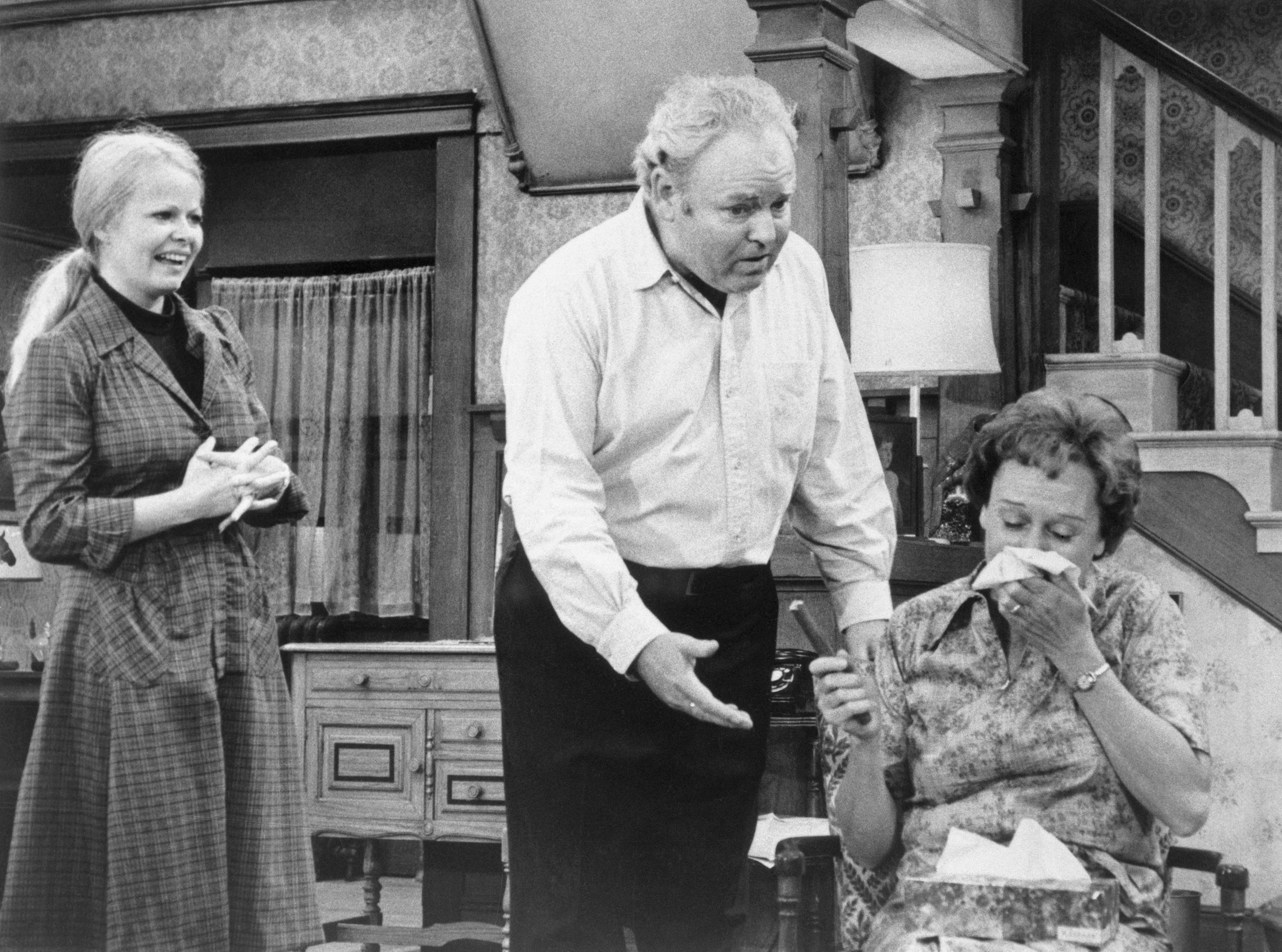 Archie Bunker (Carroll O'Conner) is arrested in the middle of a speech as he and his tearful, long-suffering wife Edith (Jean Stapleton) learn that their daughter Gloria (Sally Struthers) is having a baby. | Source: Getty Images
