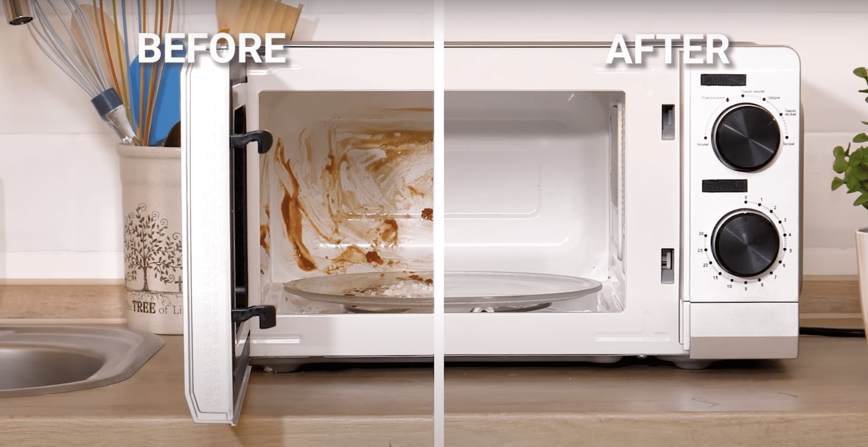 A microwave oven covered in grease and dirt versus a clean microwave oven | Source: YouTube.com/Fabiosa Best Lifehacks