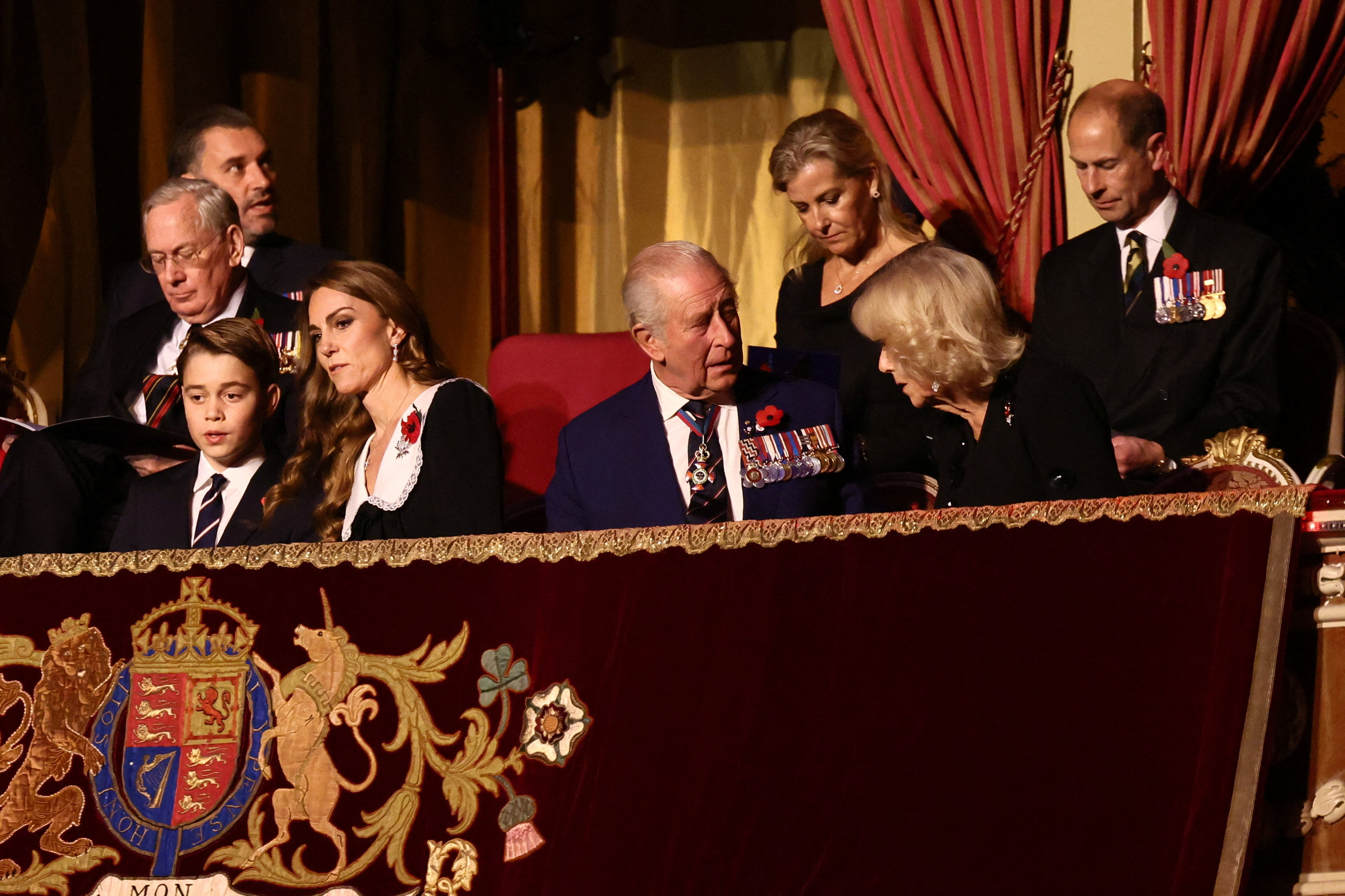 Prince George, Catherine, Princess of Wales, King Charles III, and Queen Camilla arrive at the Royal Albert Hall for the Royal British Legion Festival of Remembrance on November 8, 2025, in London, England. | Source: Getty Images