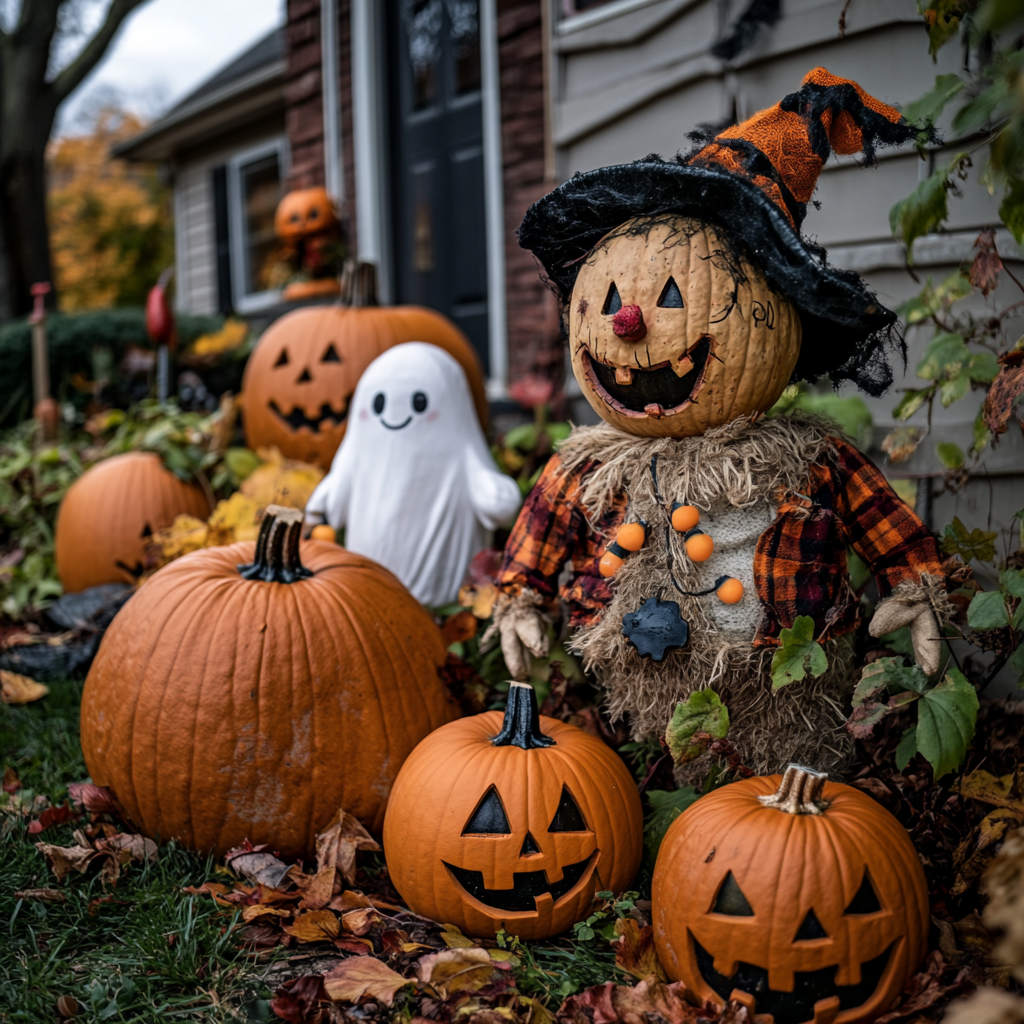 A yard decorated for Halloween with a scarecrow, friendly ghosts, and huge pumpkins | Source: Midjourney