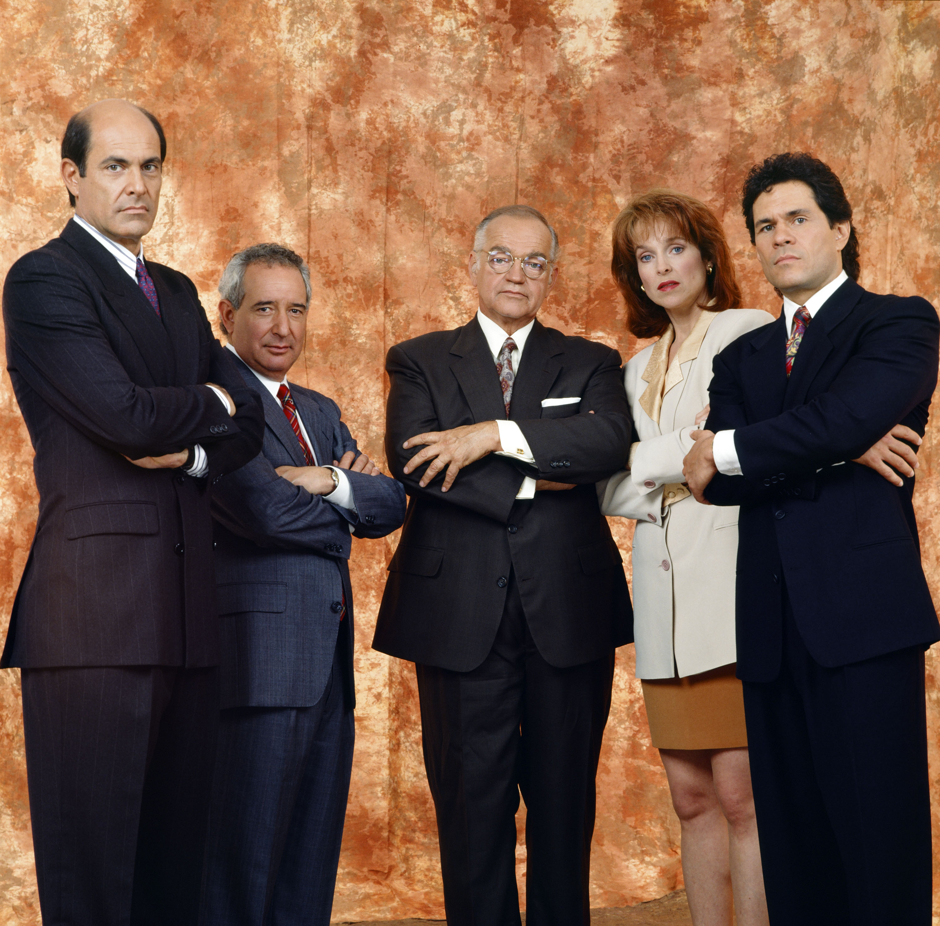 Alan Rachins as Douglas Brackman, Jr.; Michael Tucker as Stuart Markowitz; Richard Dysart as Leland McKenzie; Jill Eikenberry as Ann Kelsey; Harry Hamlin as Michael Kuzak in the 1986 series "L.A. Law" | Source: Getty Images