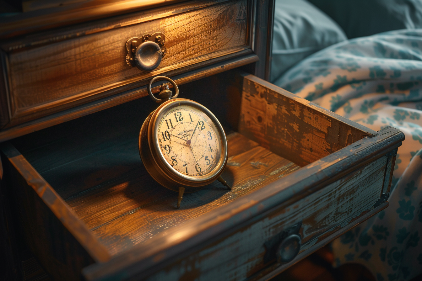 Vintage alarm clock in drawer | Source: Midjourney