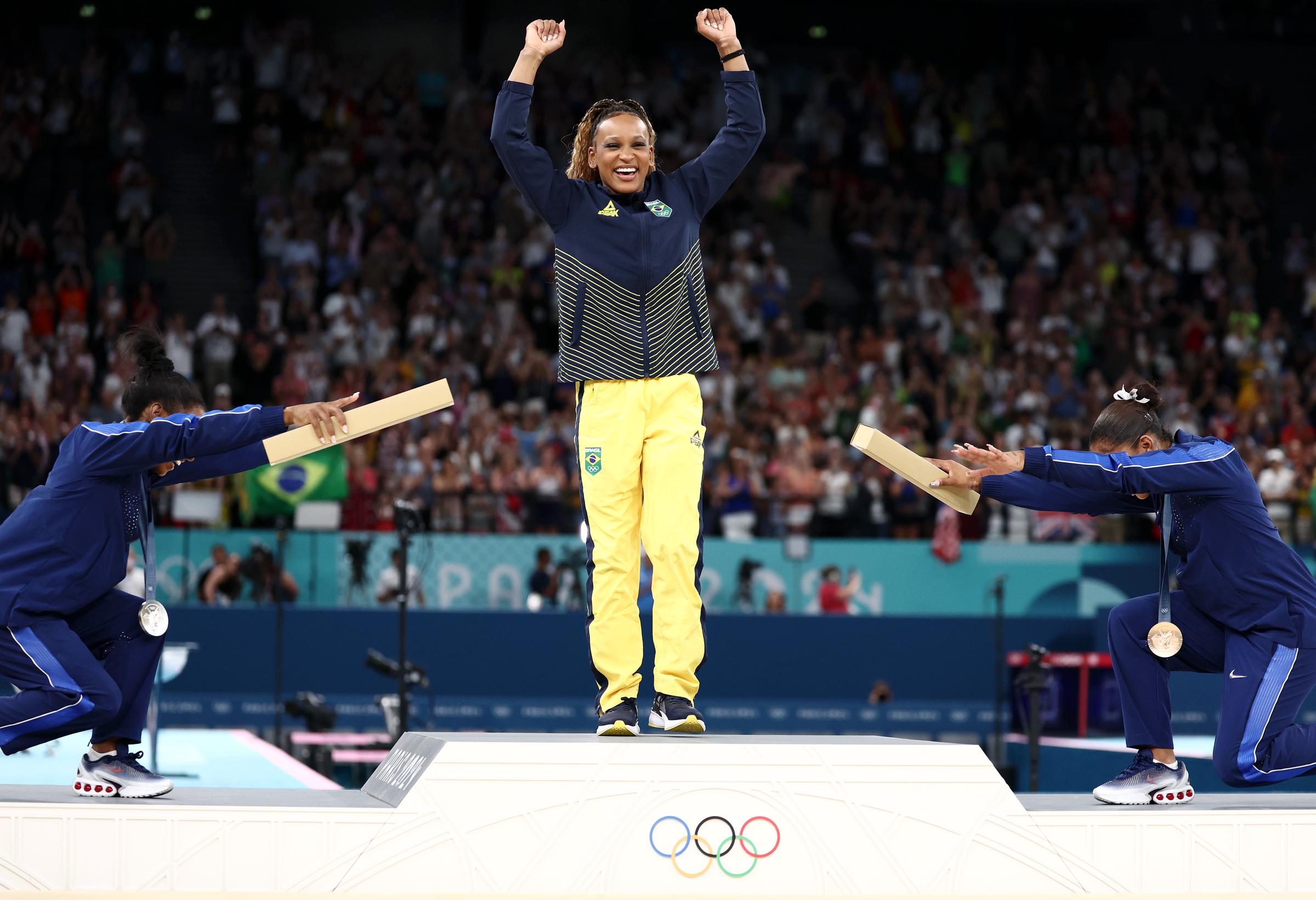 Simone Biles, Rebecca Andrade, and Jordan Chiles at Bercy Arena in Paris, France on August 5, 2024 | Source: Getty Images