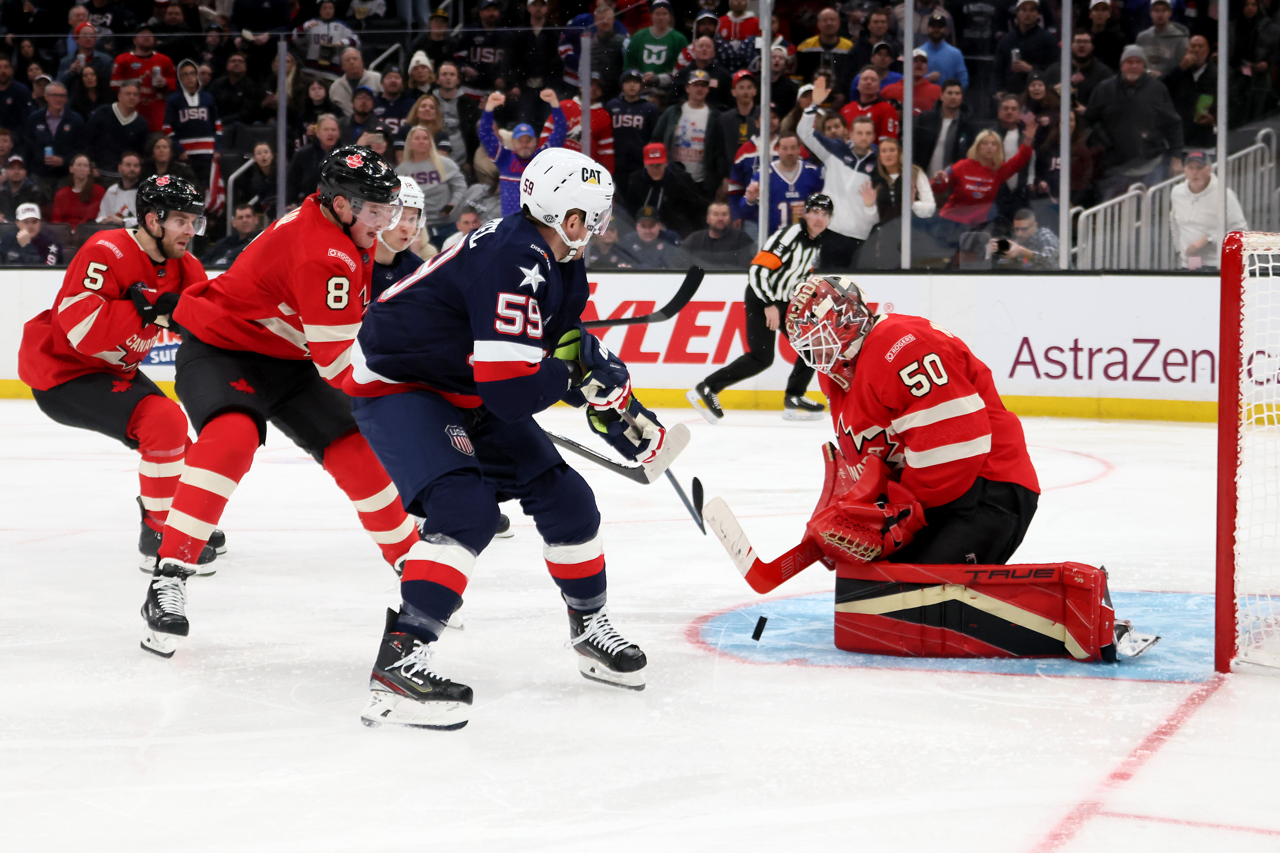 Jordan Binnington, #50 of Team Canada, makes a save against Team United States during the third period on February 20, 2025 | Source: Getty Images