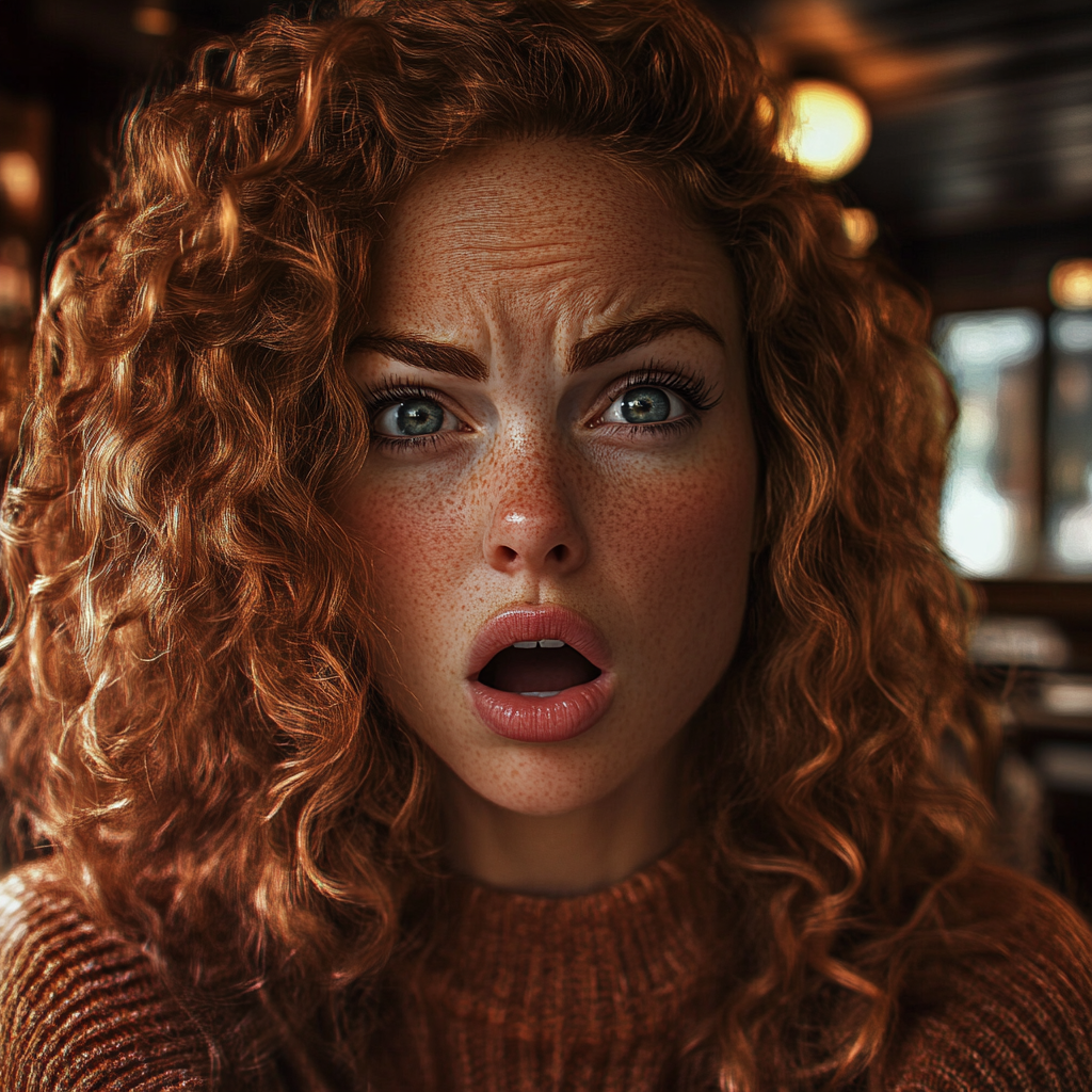 A shocked woman in a coffee shop | Source: Midjourney