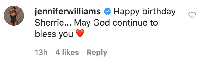 Jennifer Williams commented on a picture of Sherri Shepherd wearing a blue cut-out bikini for her 50th birthday | Source: insragram.com/sherrieshepherd