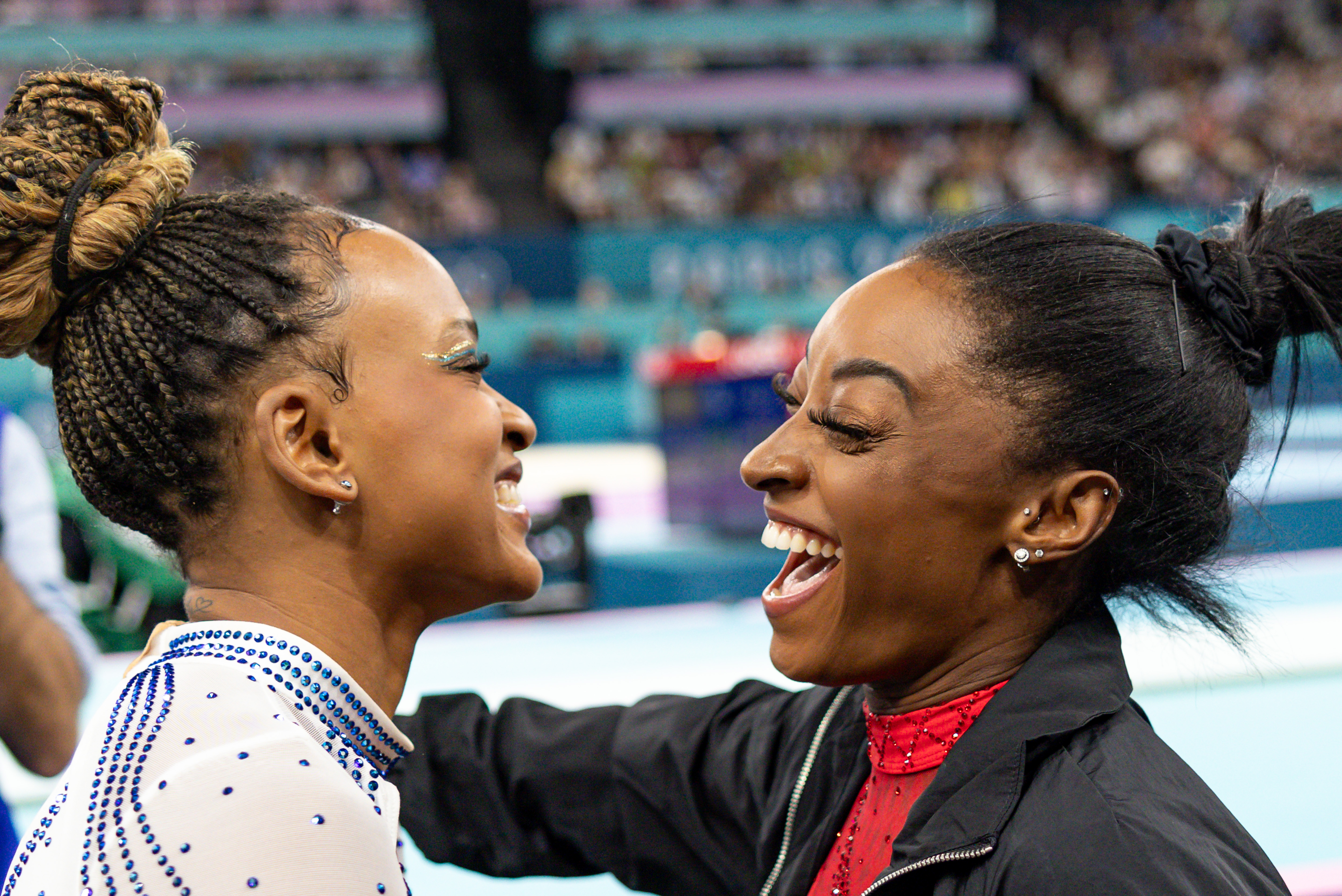 Silver medalist Rebeca Andrade of Team Brazil and gold medalist Simone Biles of Team USA after the women's artistic gymnastics vault final on day eight of the Paris 2024 Olympic Games at Bercy Arena on August 3, 2024 in Paris, France | Source: Getty Images