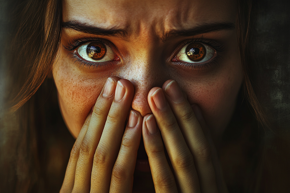 A startled woman covering her mouth | Source: Midjourney