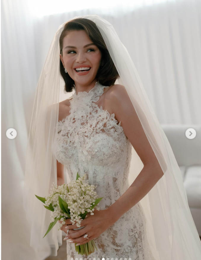 Selena Gomez radiates joy in her wedding gown, from a post dated September 30, 2025 | Source: Instagram/selenagomez