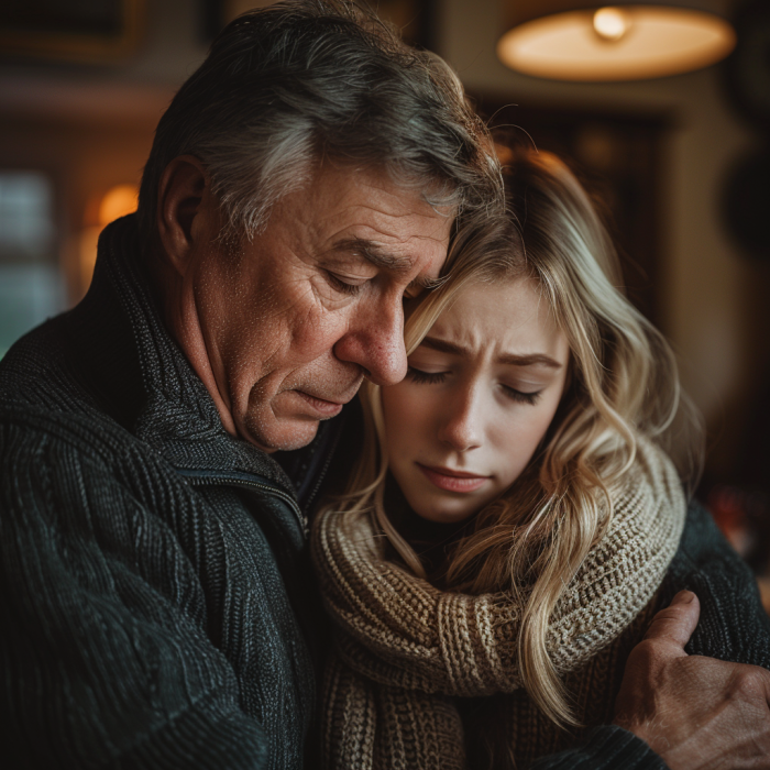 A father comforting his sad daughter with a hug | Source: Midjourney