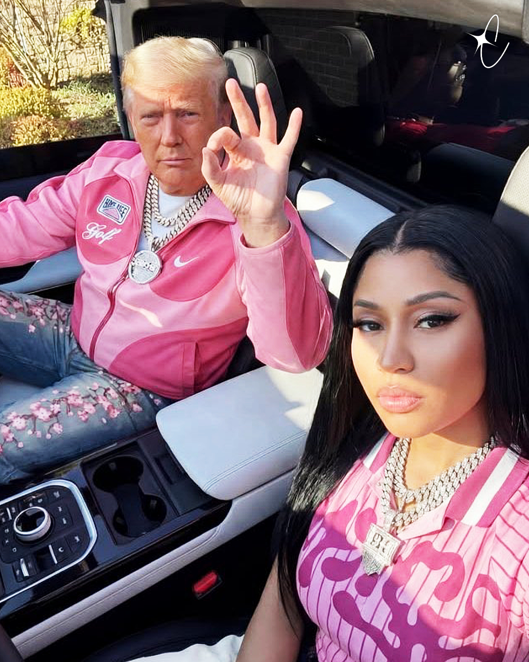 President Donald Trump and female rapper Nicki Minaj went color-coordinated in pink ensembles in this alleged AI-generated image shared by Minaj on President's Day | Source: x.com/NICKIMINAJ