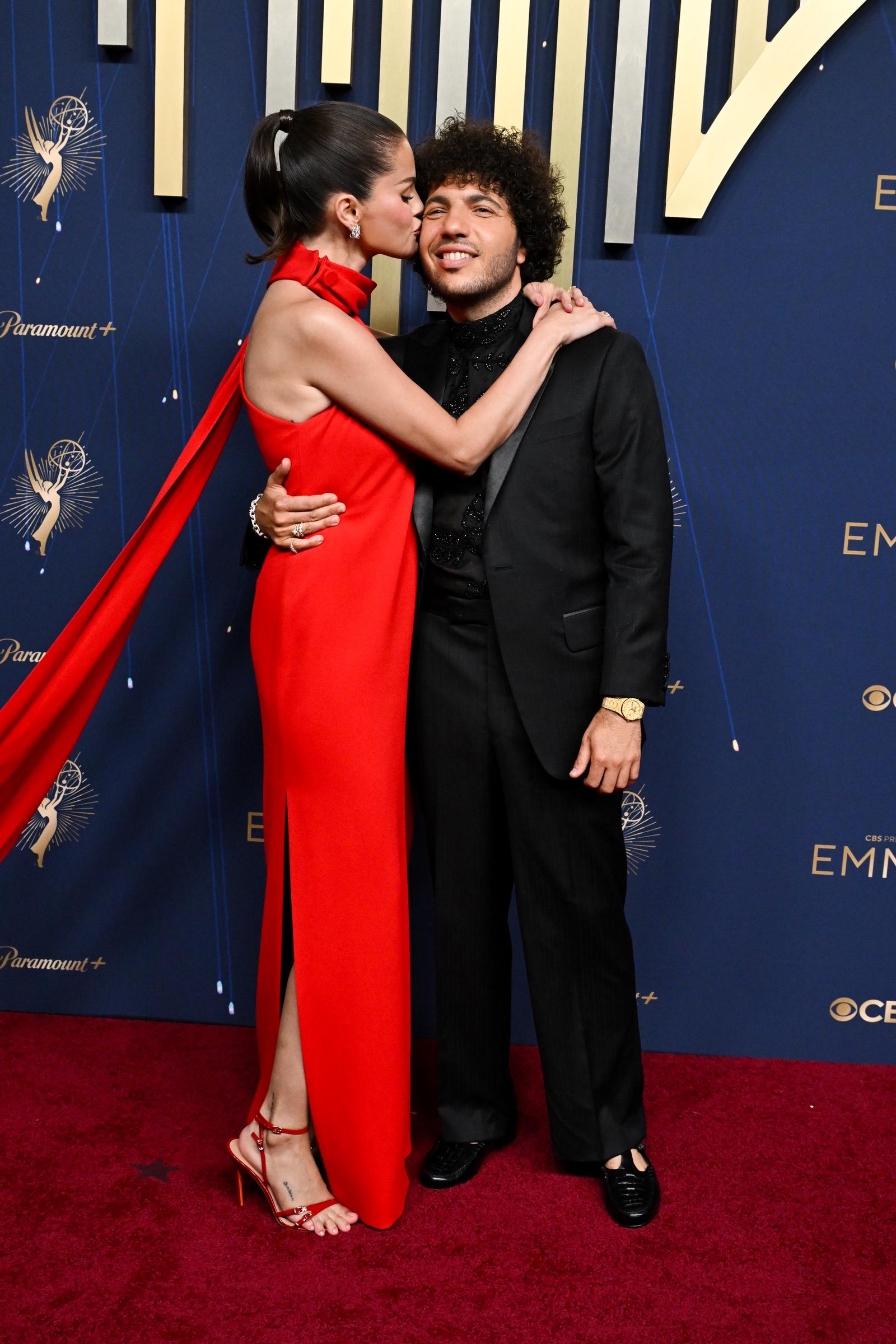 Selena Gomez and Benny Blanco photograph together at the 77th Emmy Awards held at the Peacock Theater in Los Angeles, California on September 14, 2025 | Source: Getty Images