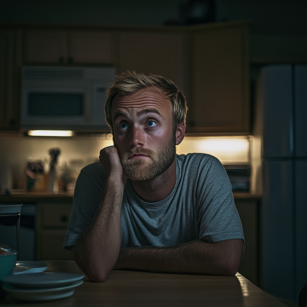 A man looks ashamed while sitting at the kitchen table | Source: Midjourney