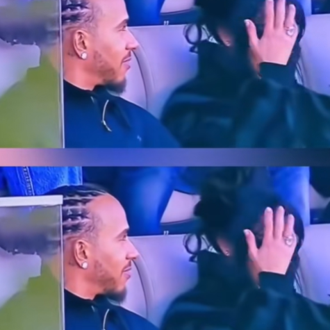 Kim Kardashian covers her face as she replies to Lewis Hamilton during the Super Bowl, from a video dated February 9, 2026. | Source: TikTok/hellomag