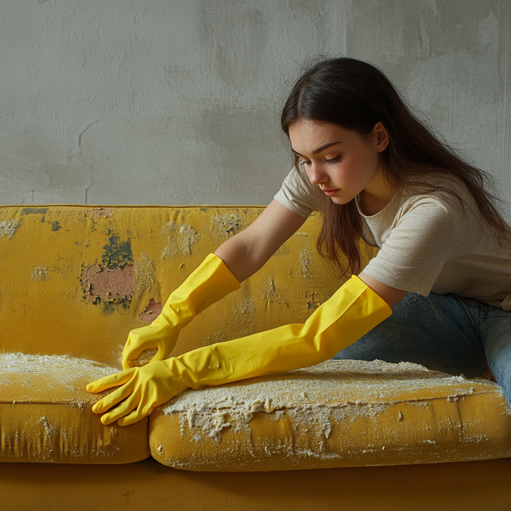 A woman scrubbing a couch | Source: Midjourney