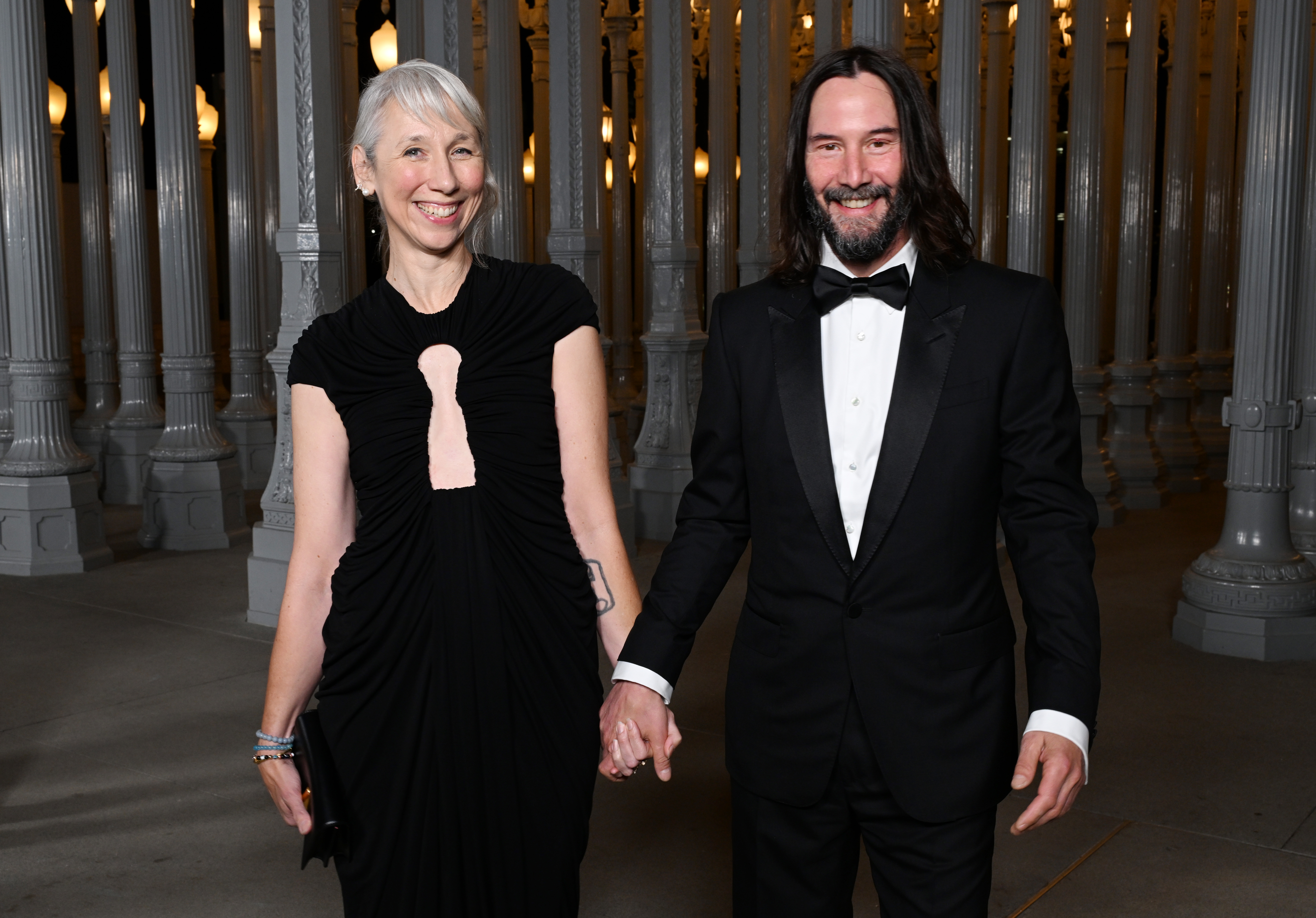 Alexandra Grant and Keanu Reeves, wearing Gucci, attend the LACMA Art+Film Gala at Los Angeles County Museum of Art on November 4, 2023, in Los Angeles, California.