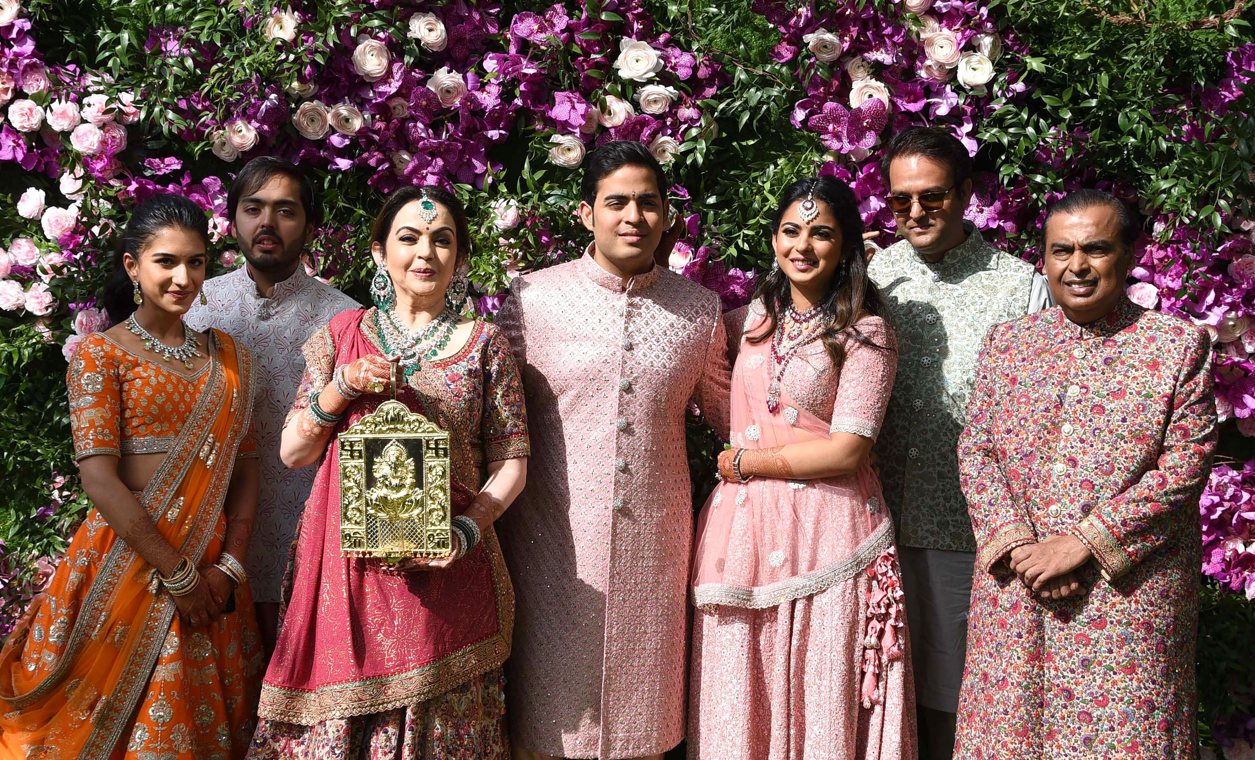 The Ambani family during the wedding ceremony of Akash Ambani in Mumbai on March 9, 2019 | Source: Getty Images