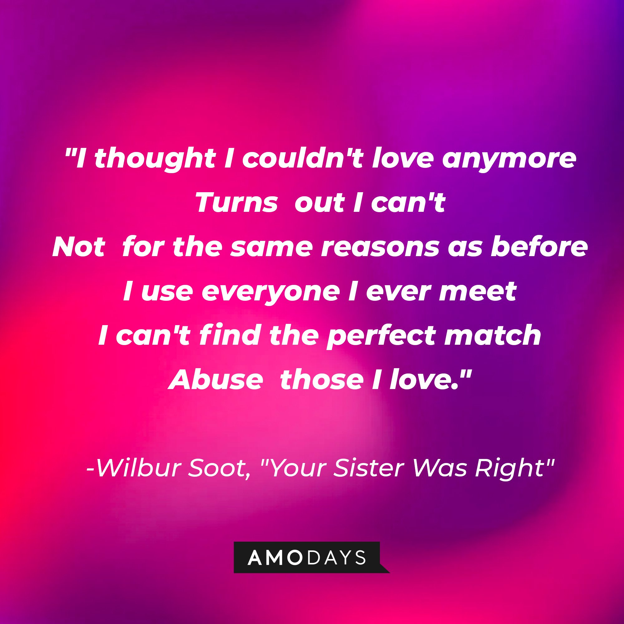 Wilbur Soot's quote: "I thought I couldn't love anymore/ Turns out I can't/ Not for the same reasons as before/ I use everyone I ever meet/ I can't find the perfect match/ Abuse those I love." | Image: AmoDays