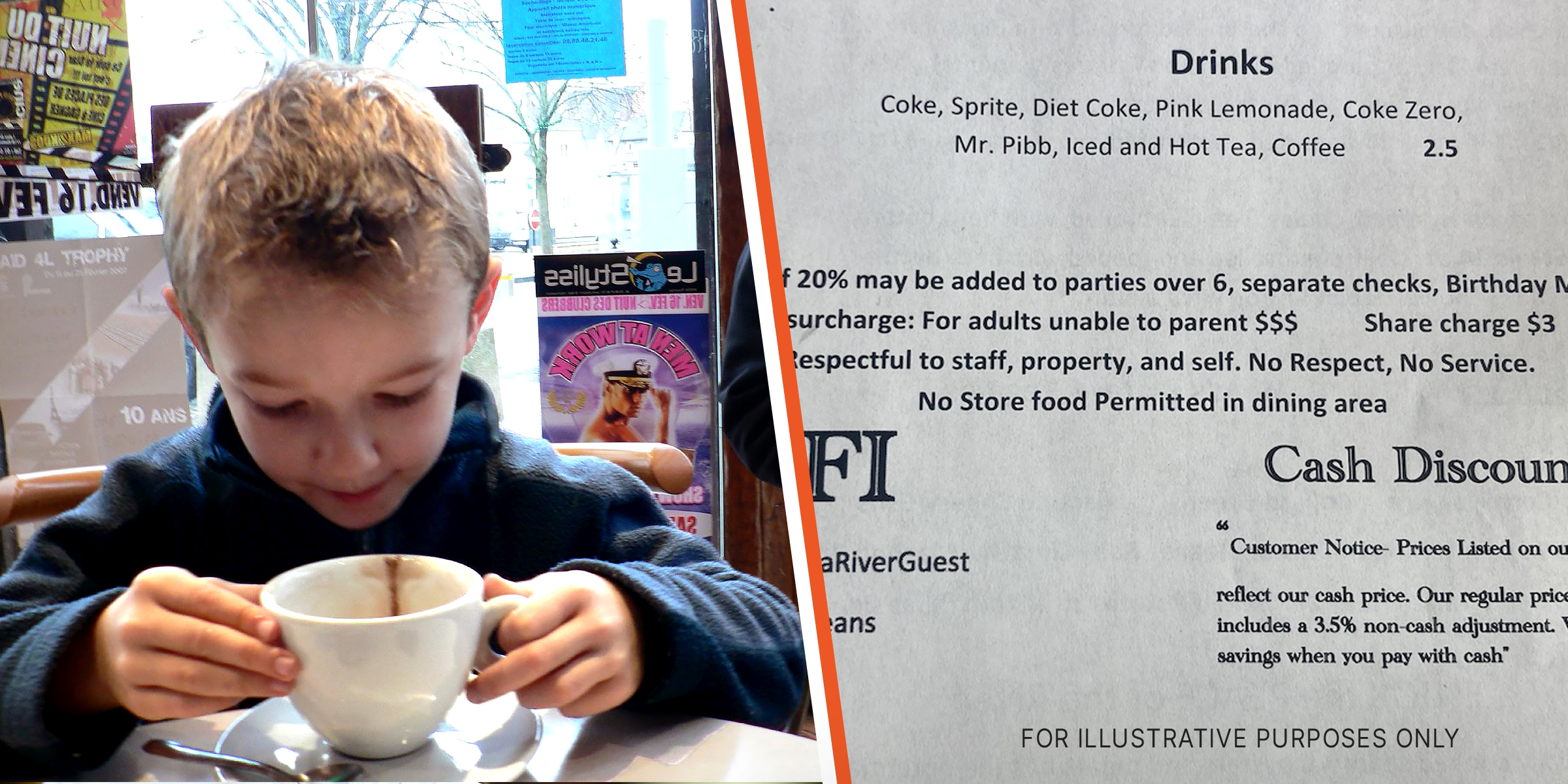 Little boy having coffee in a restaurant | A restaurant menu | Source: reddit.com/LPineapplePizzaLover | flickr.com/dwysiu