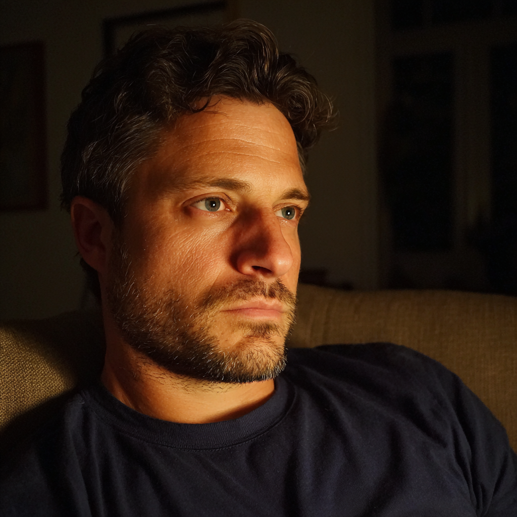 A concerned man sitting on a couch | Source: Midjourney