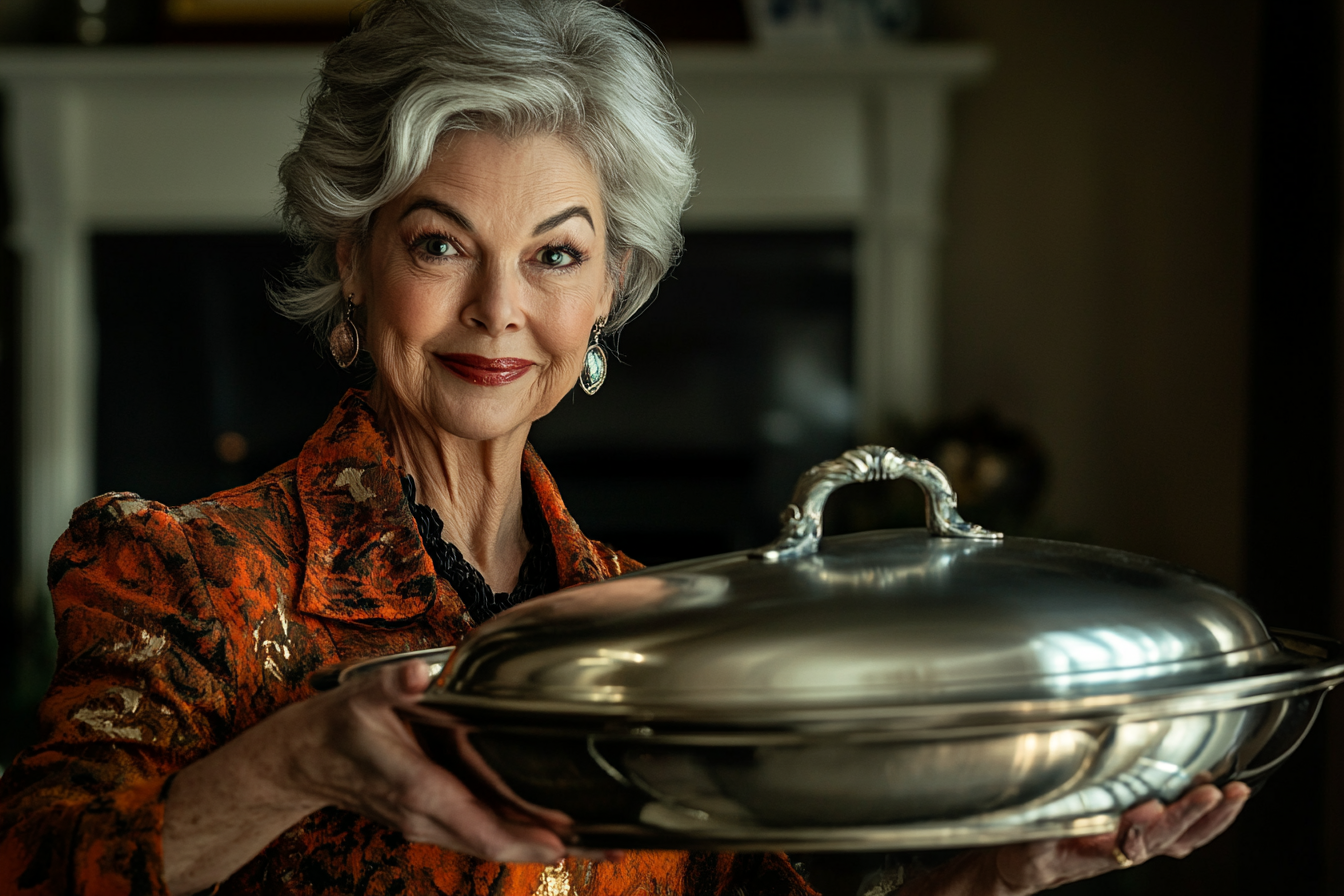 A smug woman presenting a covered dish at a dinner table | Source: Midjourney