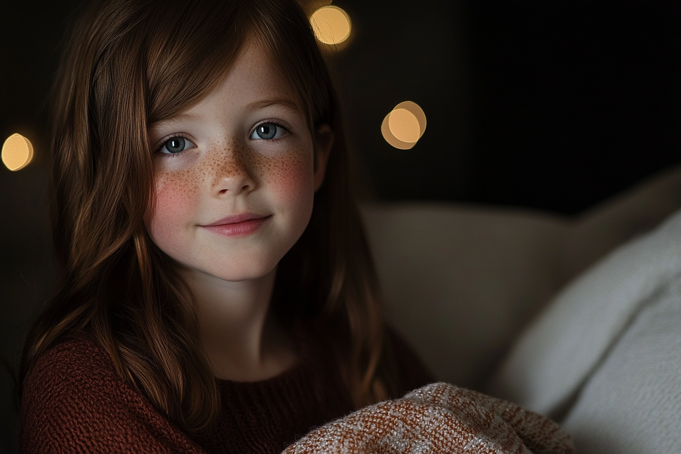 A little girl sitting on a couch | Source: Midjourney