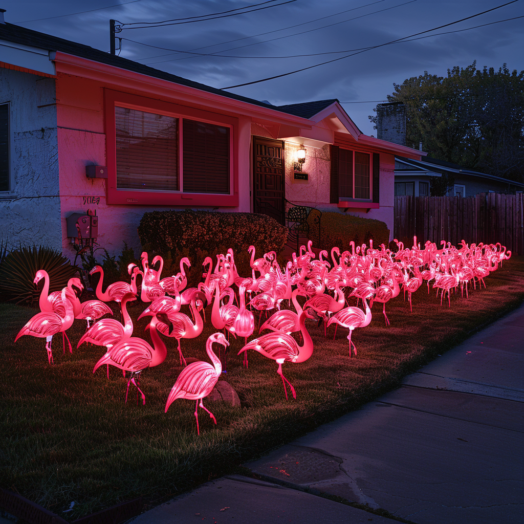 A front yard of a house covered in bright pink plastic flamingos | Source: Midjourney