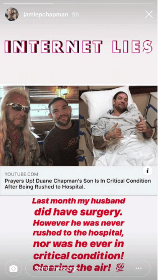 Jamie Pilar Chapman's Instagram story through which she pointed out that her husband was never rushed to the hospital nor was his condition critical. | Source: Instagram/jaimepchapman