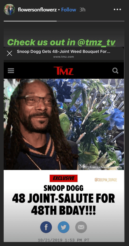 A screenshot of Snoop Dogg's cannabis bouquet as seen on TMZ's article | Source: TMZ