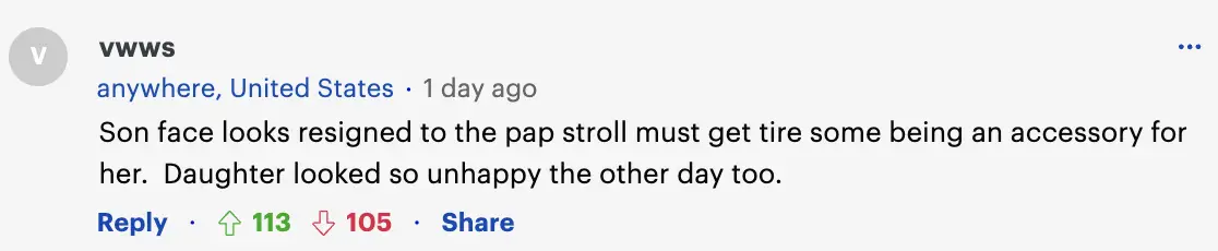 A screenshot of a commenter speculating on Angelina Jolie's kid's expressions when they appear in public. | Source: DailyMail