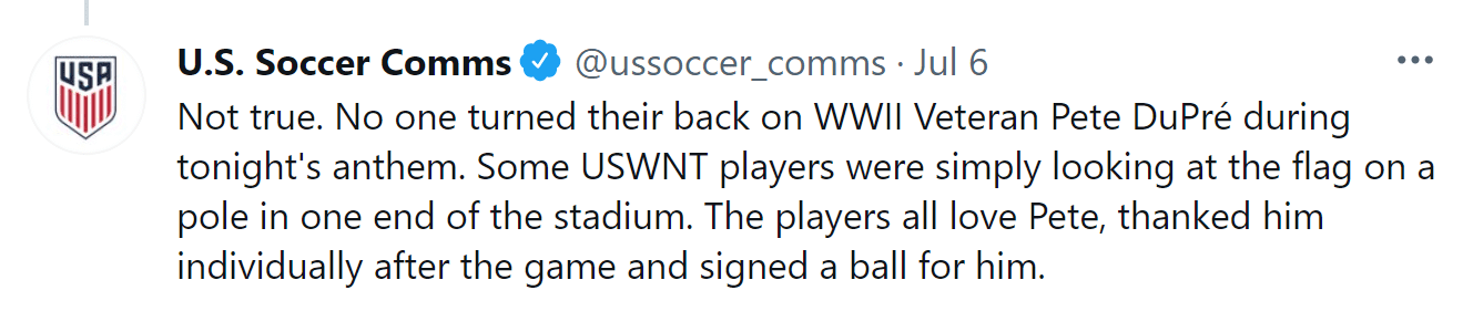 The U.S. Soccer Communications Department responding to a Tweet by the Post Millennial. │ Source: twitter.com/ussoccer_comms ussoccer_comms