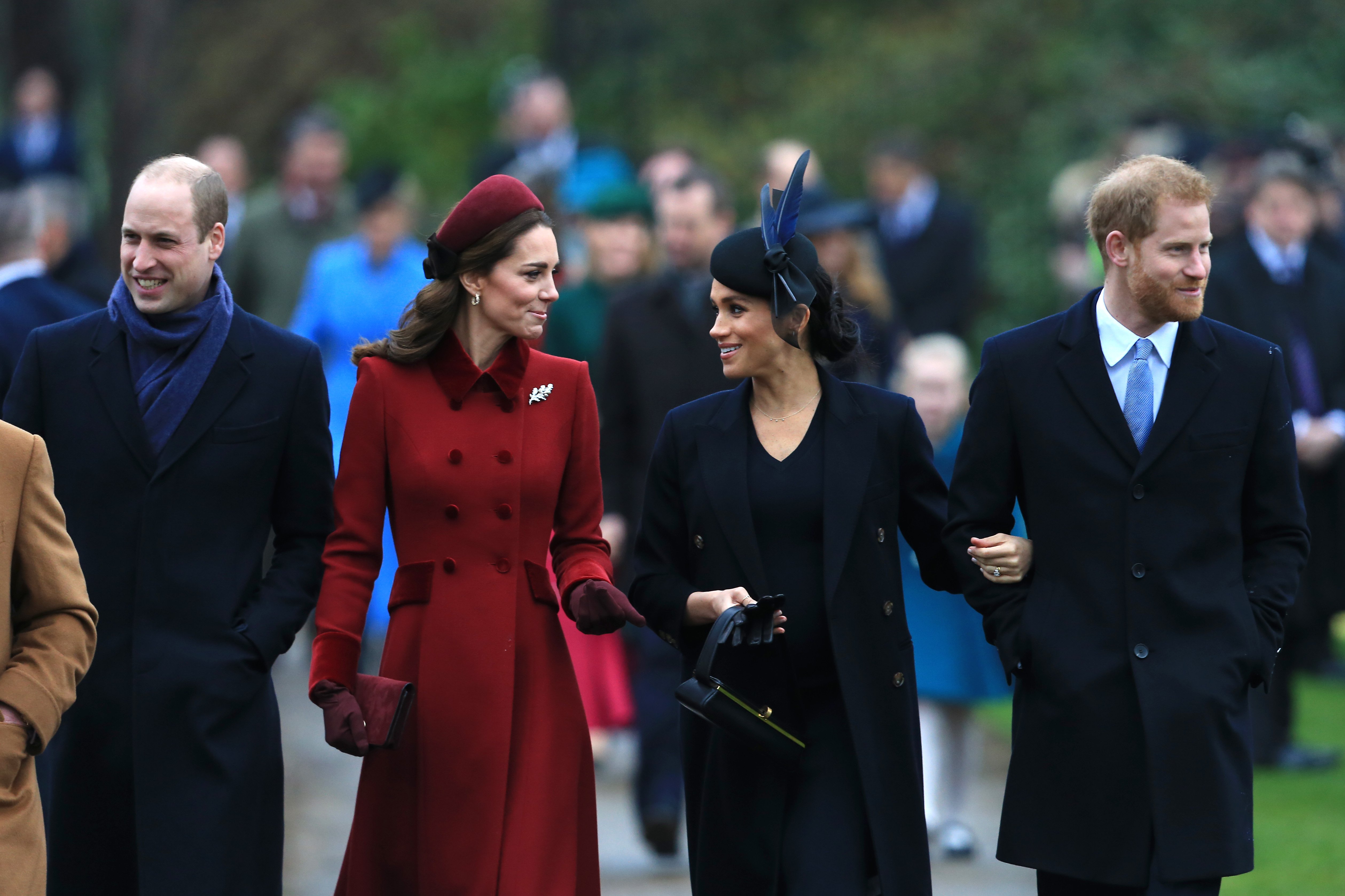  Prince William, Duke of Cambridge, Catherine, Duchess of Cambridge, Meghan, Duchess of Sussex and Prince Harry, Duke of Sussex arrive to attend Christmas Day Church service at Church of St Mary Magdalene on the Sandringham estate on December 25, 2018 in King's Lynn, England | Source: Getty Images 