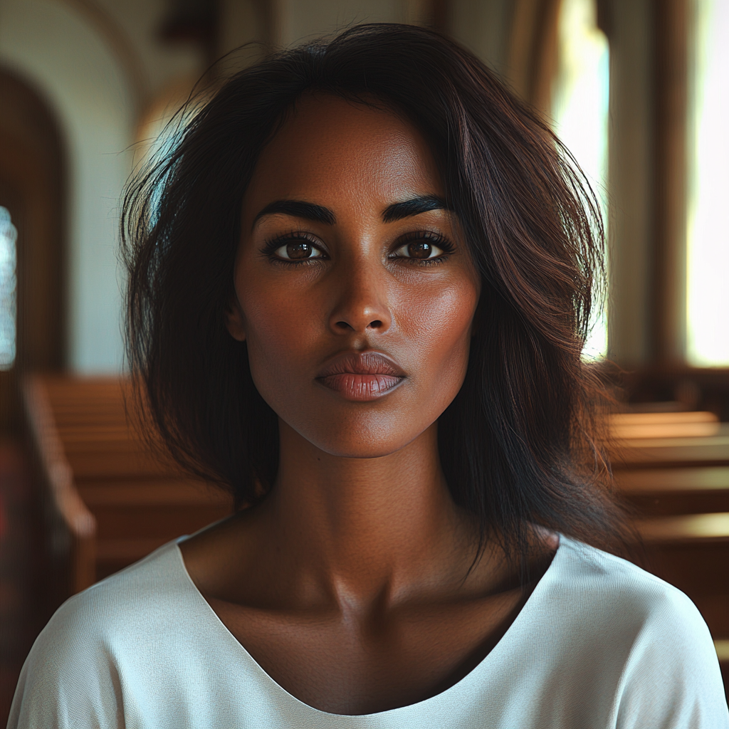 A woman sitting in a church, looking straight ahead | Source: Midjourney