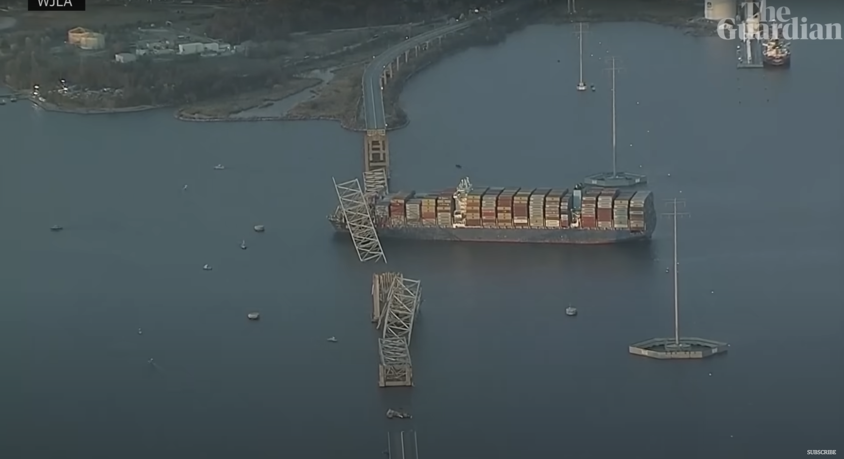 A photo of the container ship crashing into the Francis Scott Key Bridge in Baltimore, MD, as seen from a plane on March 26, 2024 | Source: YouTube/guardiannews