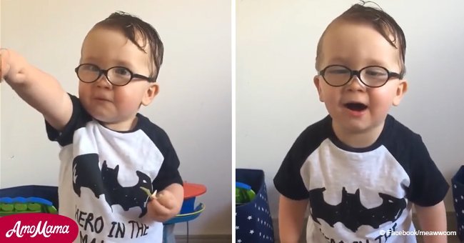 Sweet little boy shows off his favorite animals and superheroes by imitating them