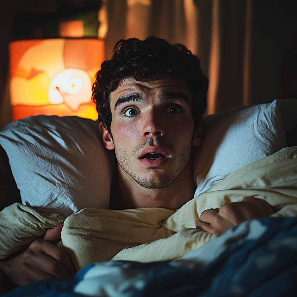 A shocked man clutching the sheets | Source: Midjourney