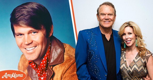 (L) Country Singer Glen Campbell poses for a portrait in February 1969 in Los Angeles, California. (R) Glen Campbell poses backstage with his wife Kim Campbell following his Goodbye Tour performance at Route 66 Casino's Legends Theater on July 29, 2012 in Albuquerque, New Mexico | Photo: Getty Images