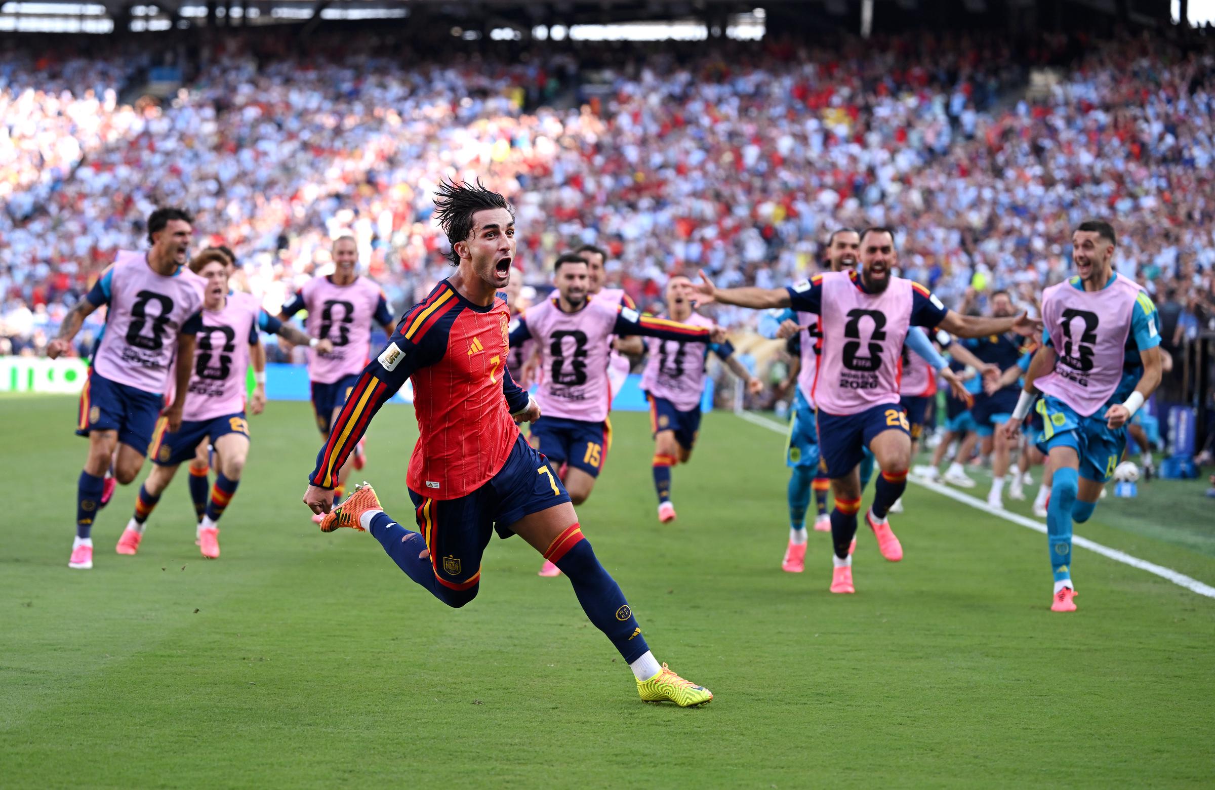 Jay-Z wanted Argentina to score one goal. In this photo, Ferran Torres celebrated scoring his team's first goal during the FIFA World Cup Final match between Spain and Argentina at New York New Jersey Stadium on July 19, 2026, in East Rutherford, New Jersey. | Source: Getty Images