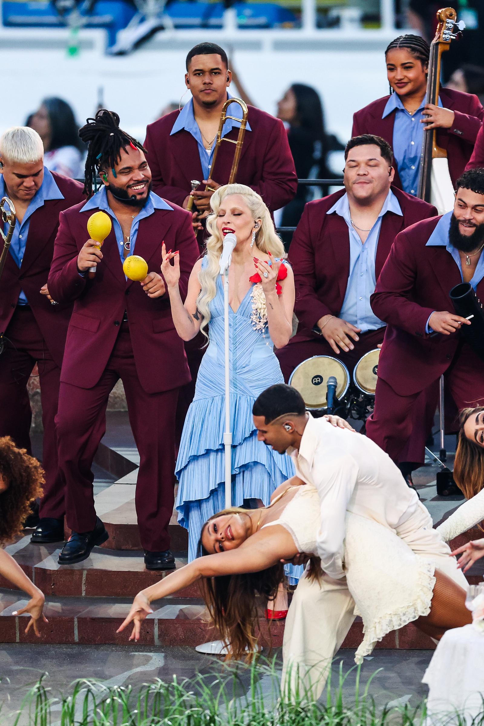 Lady Gaga performing during the Super Bowl LX between the Seattle Seahawks and New England Patriots. | Source: Getty Images