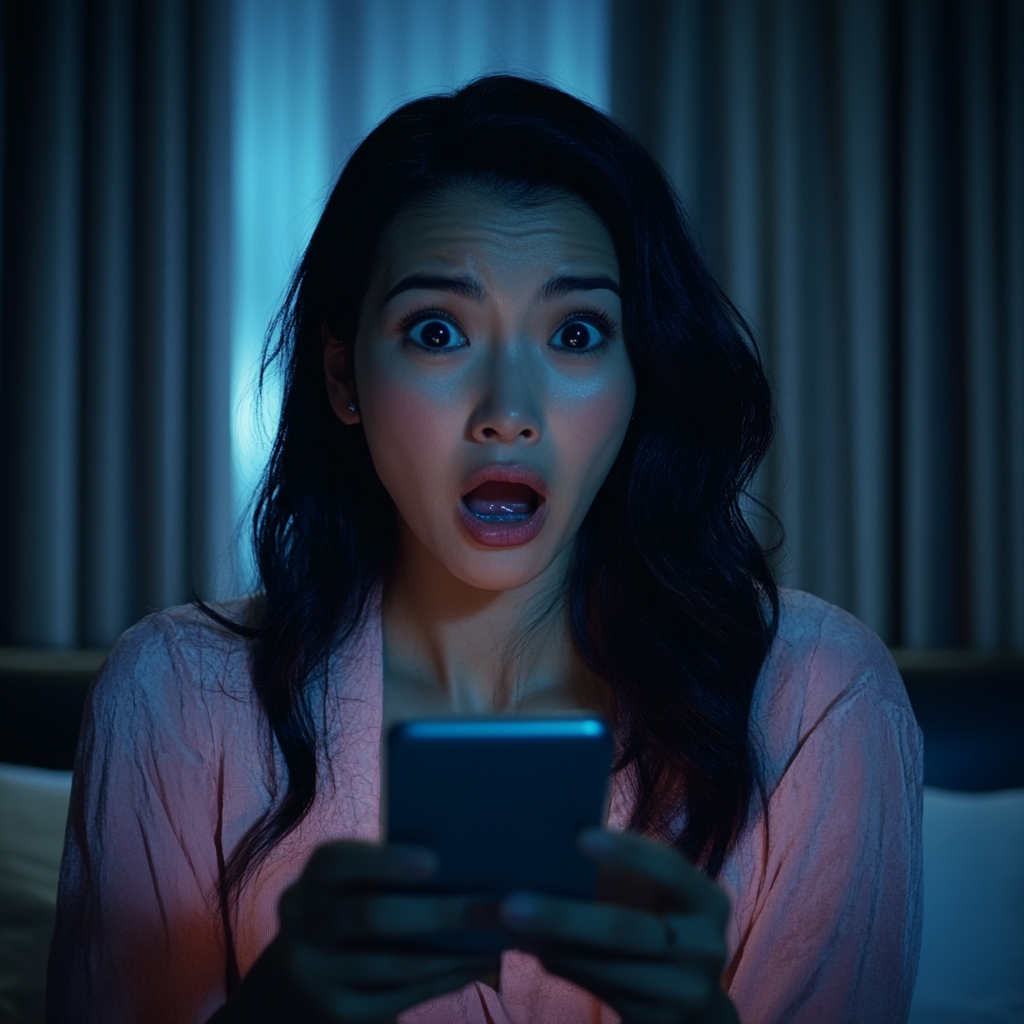 A shocked woman with her phone in a hotel room | Source: Midjourney