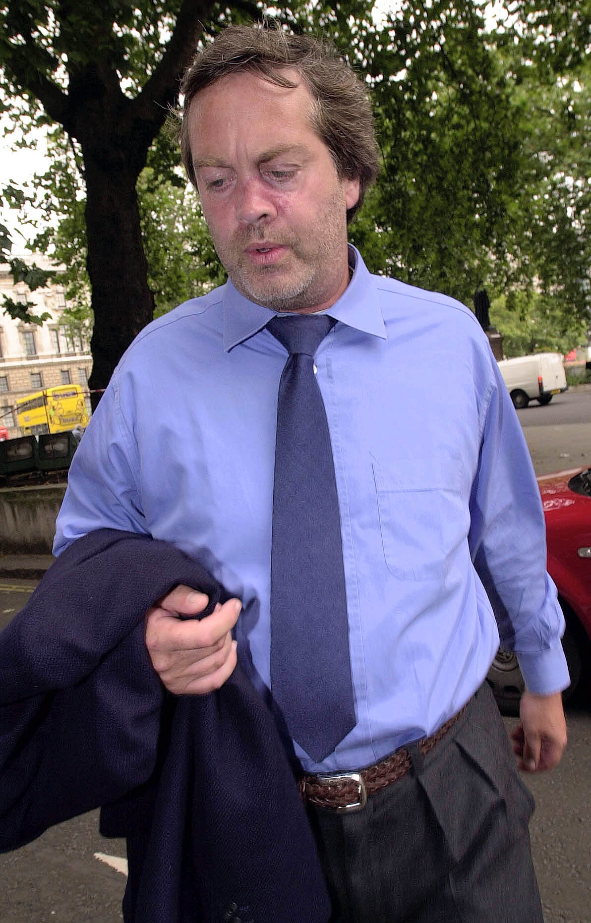 Charles James Spencer-Churchill, also known as Jamie Blandford, 12th Duke of Marlborough, at Middlesex Guildhall Crown Court to stand trial for shoplifting in London, England, in November 1999. | Source: Getty Images